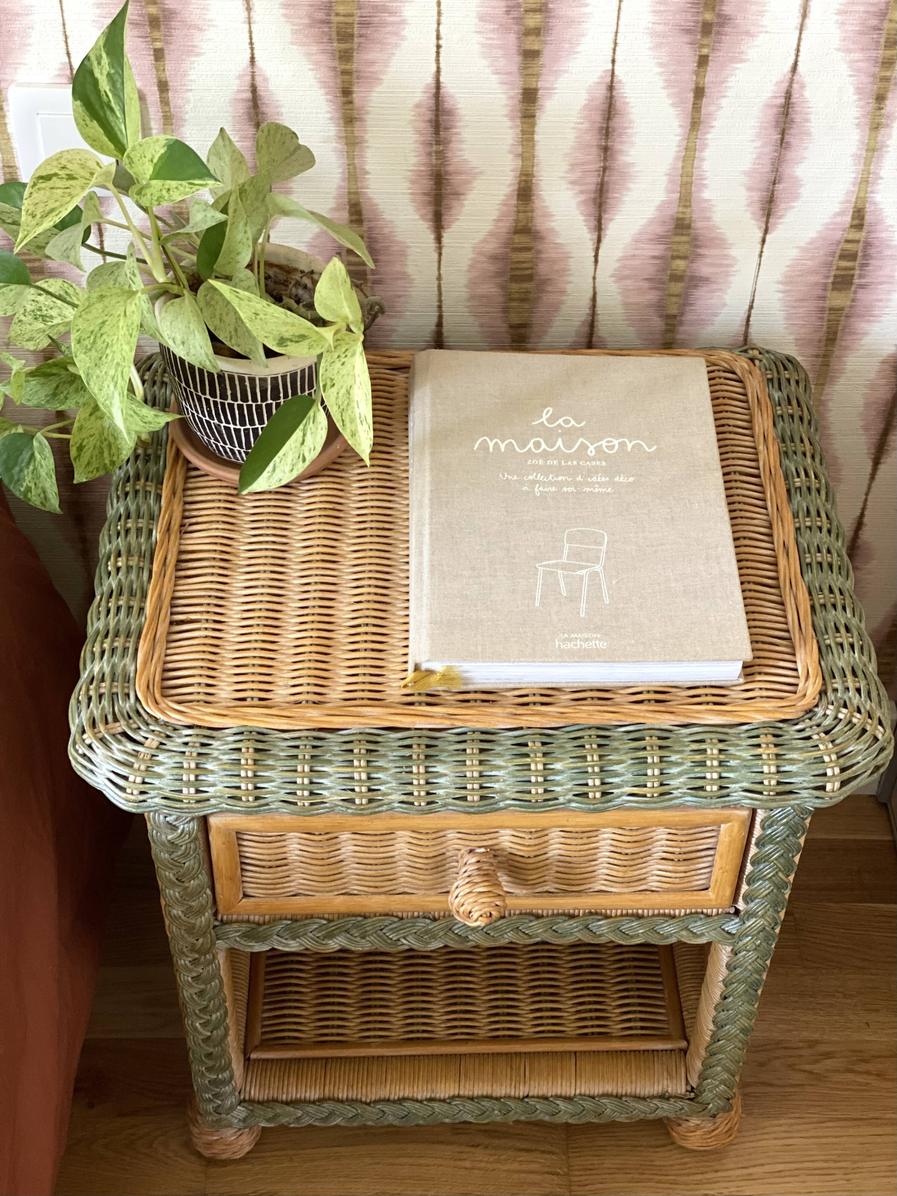 Set of 2 vintage woven rattan bedside tables.