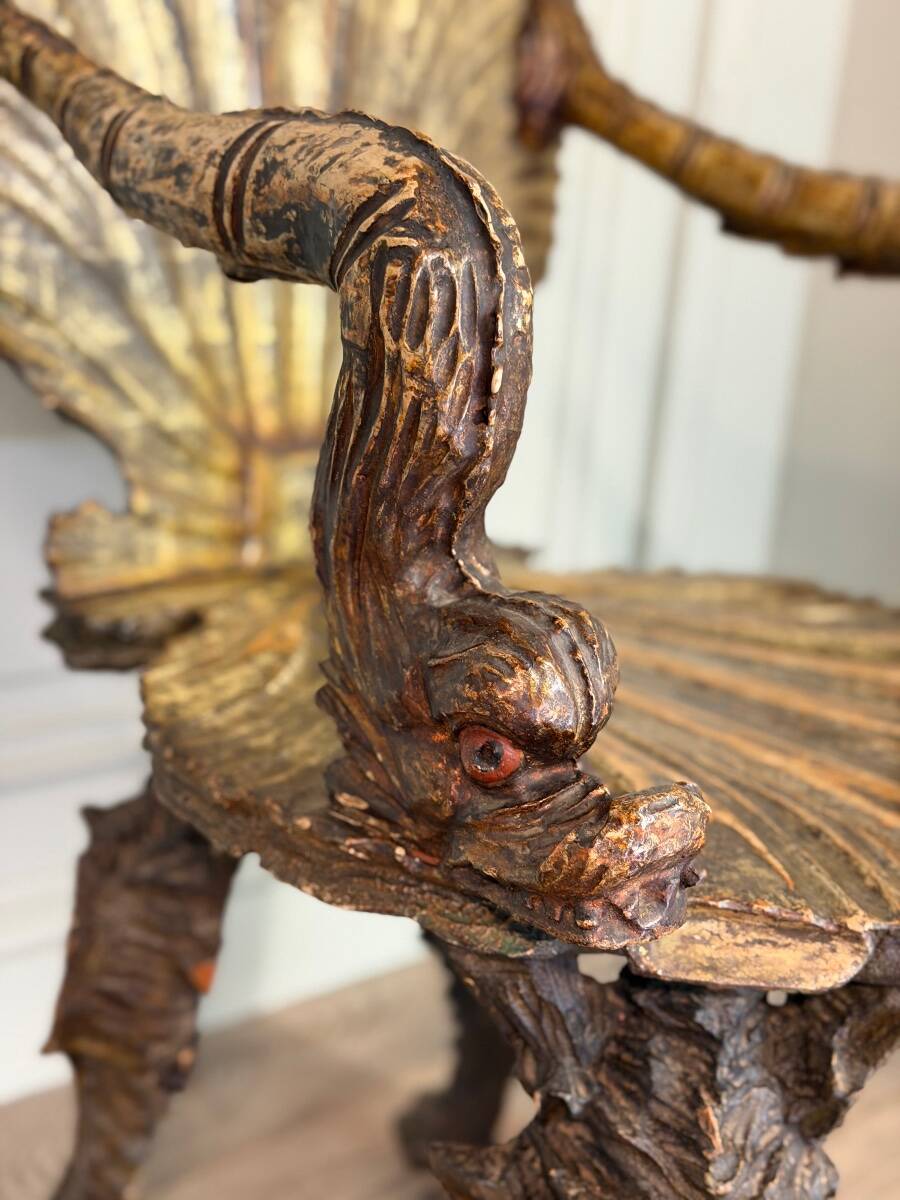 Venetian "Grotto" armchair in carved polychrome wood, silvered and gilded, circa 1890.