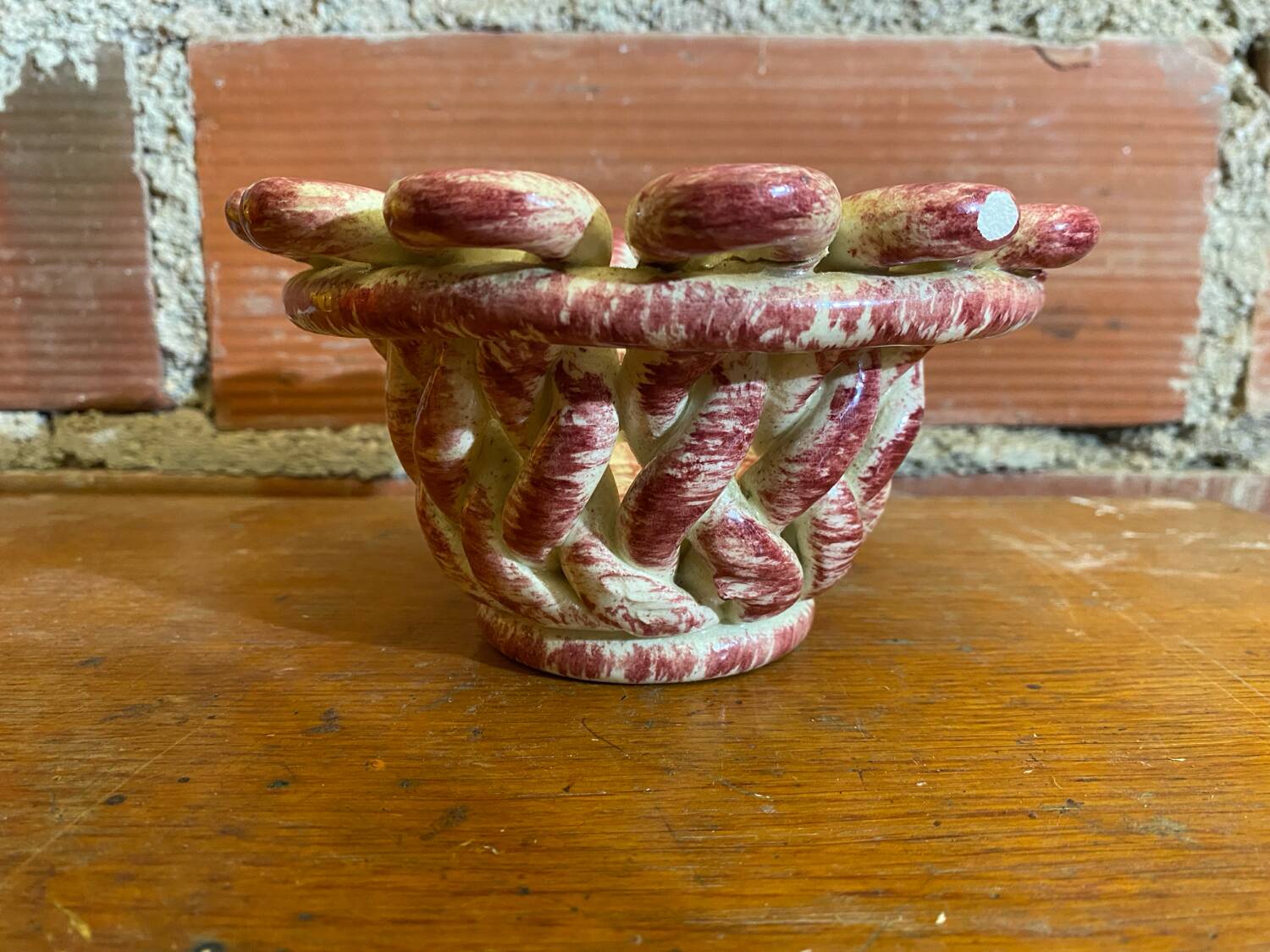 Antique White & Pink Openwork Braided Ceramic Barbotine Cup Vintage