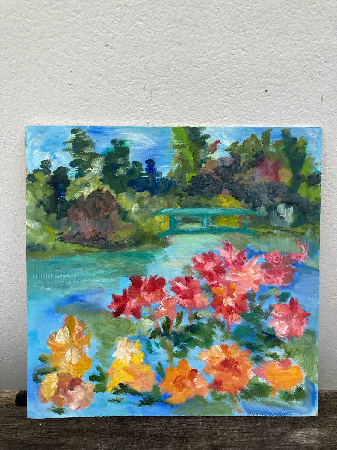 Old oil painting / landscape painting and flowers