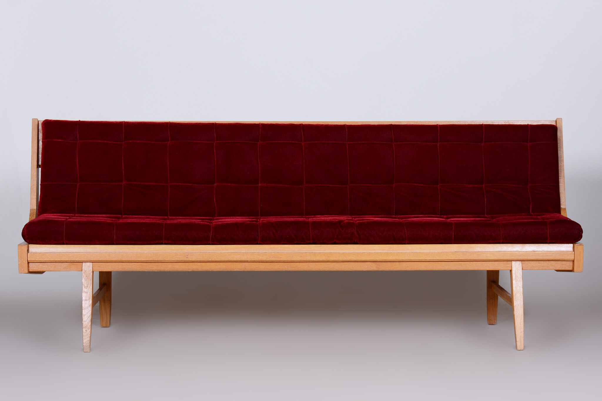Red Midcentury Modern Oak Sofa, 1950s, Original well preserved upholstery