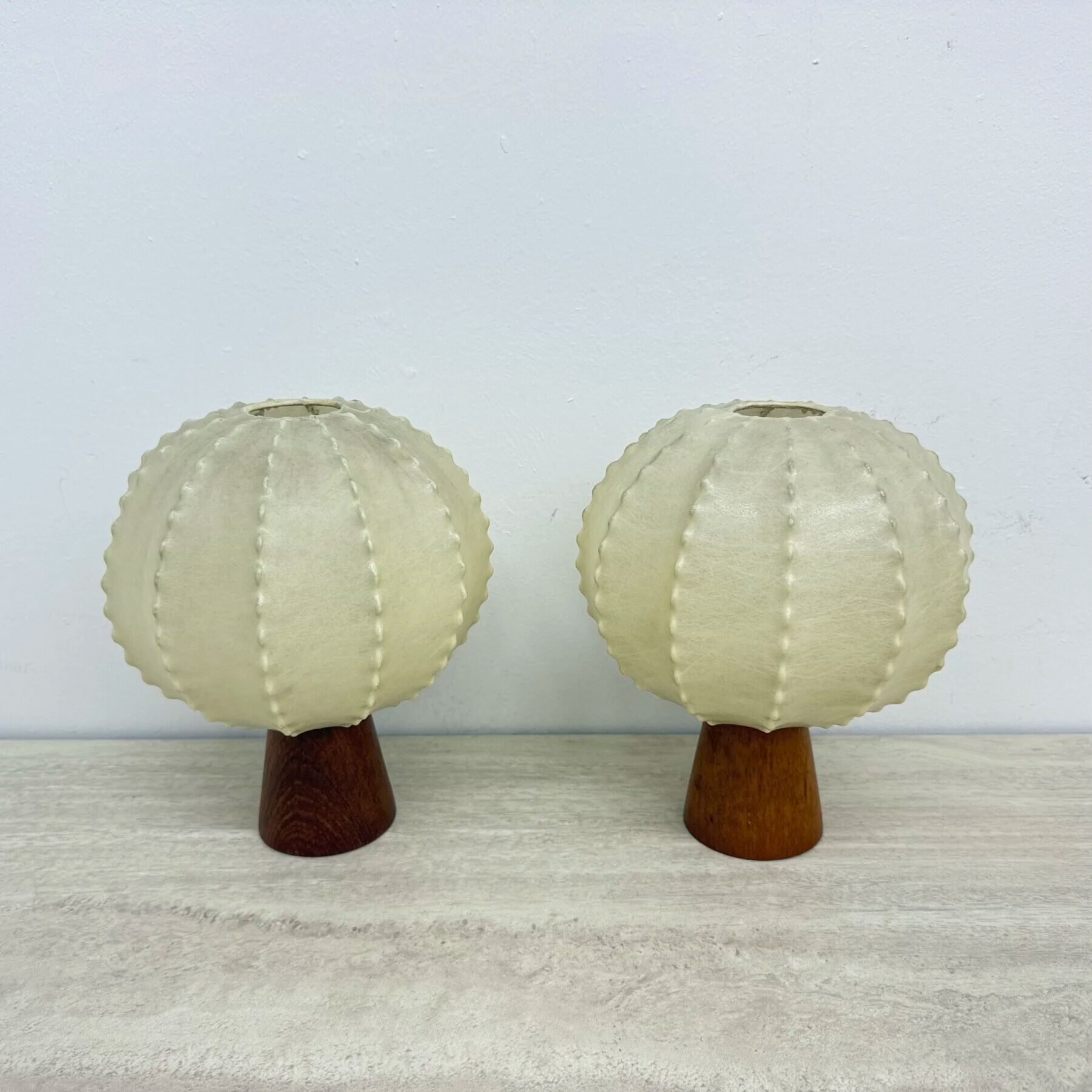 Pair of Goldkant Leuchten cocoon with teak base table lamps, 1970s