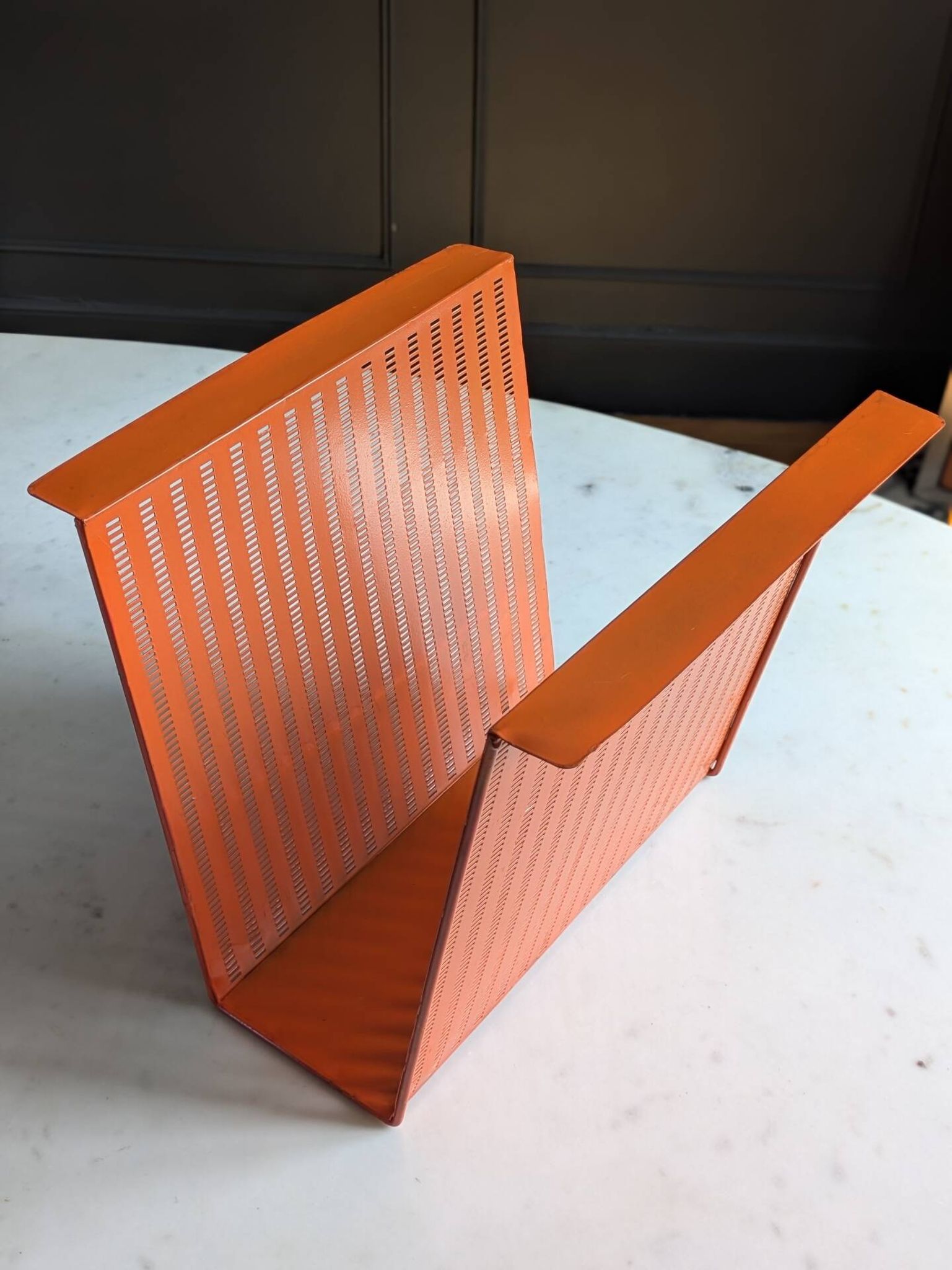 Vintage metal magazine rack in perforated orange/Mathieu Mategot style/70s
