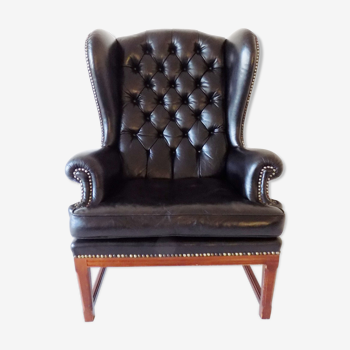 Chesterfield high back leather armchair black from the 1960s
