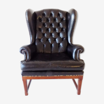 Fauteuil Chesterfield en cuir noir des années 60