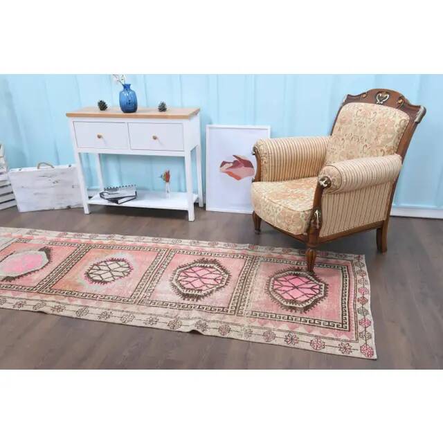 Vintage Turkish Hand-Knotted Wool Cotton Pink Runner Rug 99x345