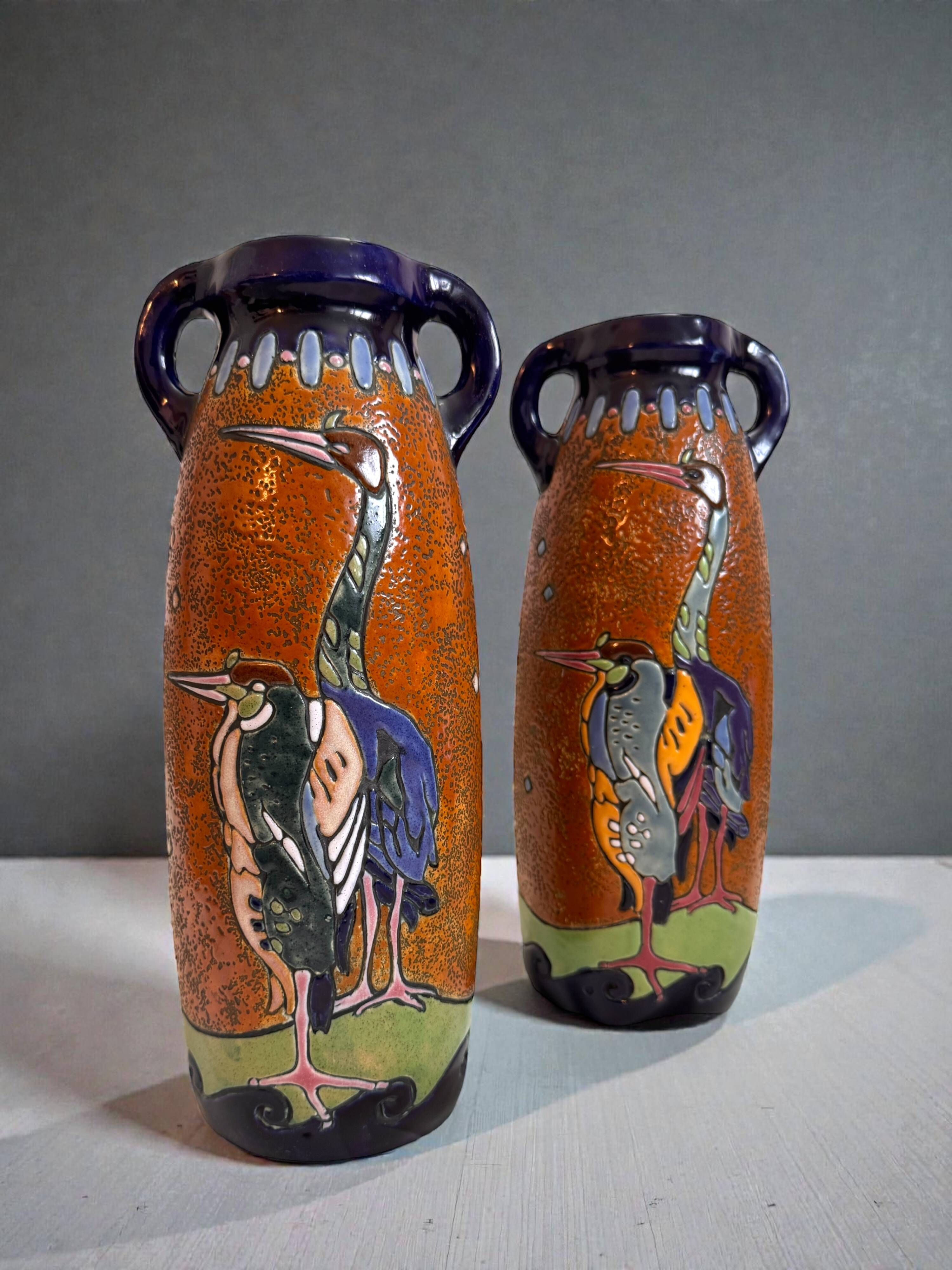 Pair of Art Deco Amphora Vases – Bohemia 1920s – Birds – 38 cm