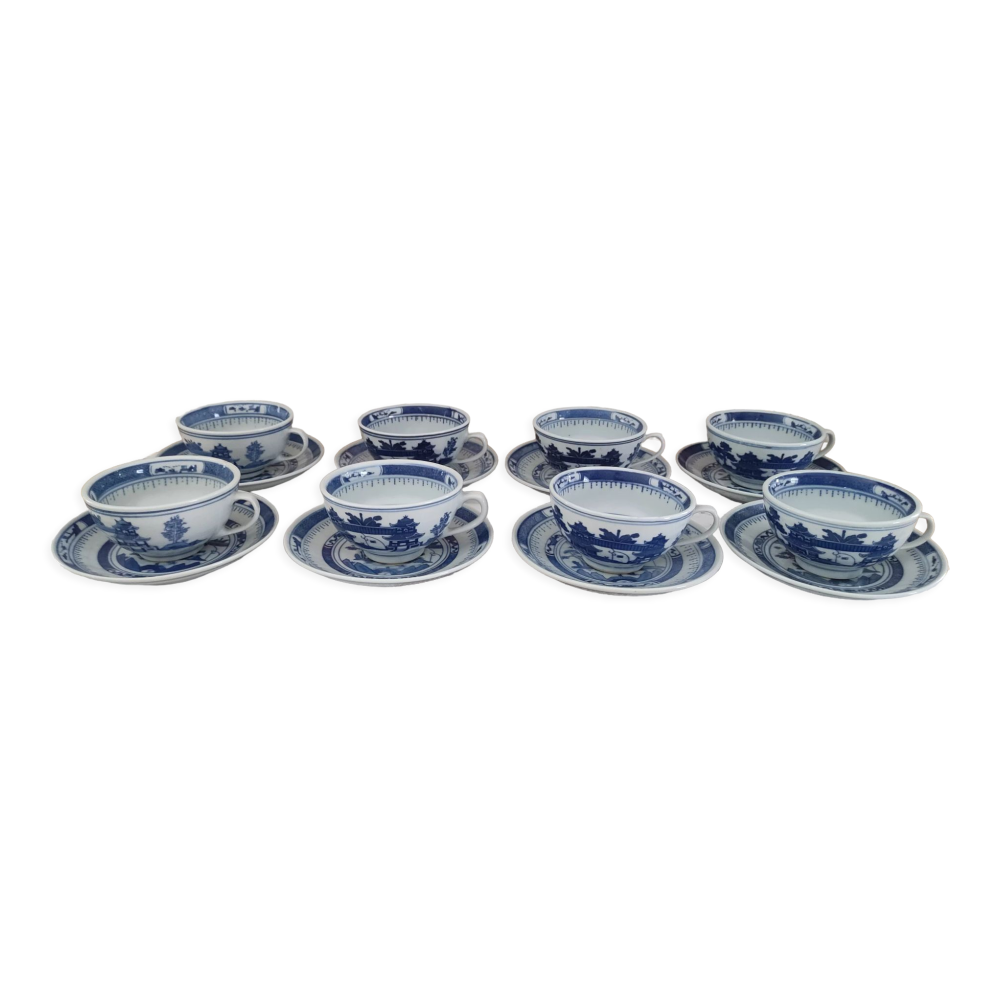 Set of 8 tea cups and sub-cups décor blue Asian landscape