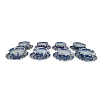 Set of 8 tea cups and sub-cups décor blue Asian landscape