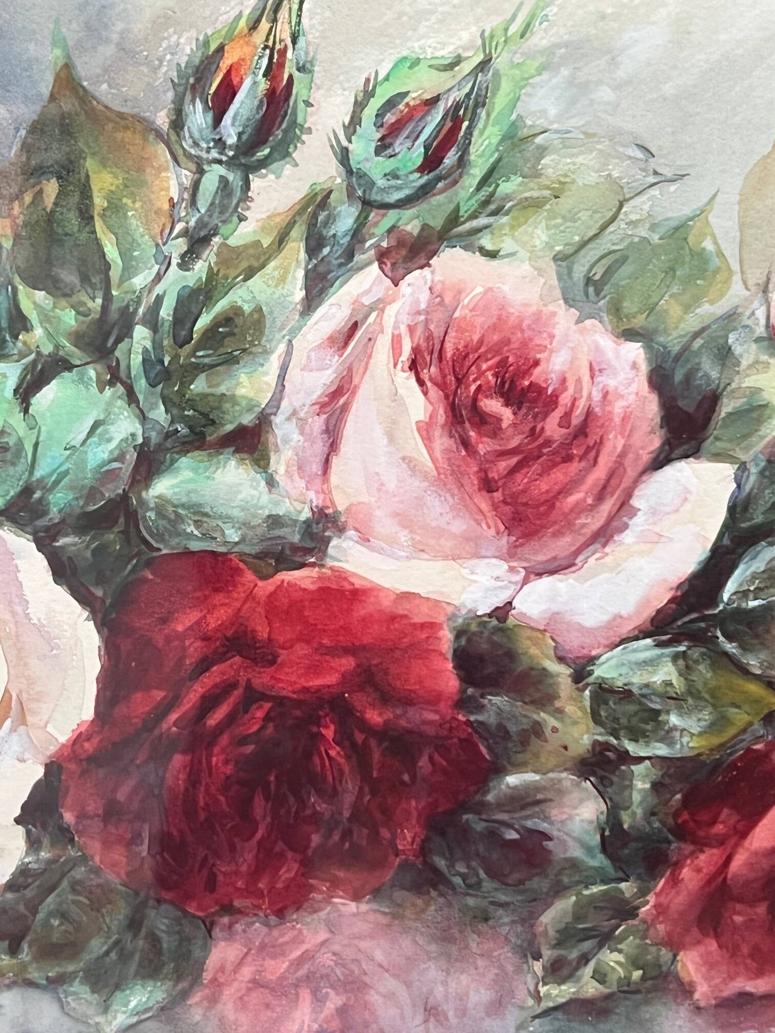 Nature morte "Roses" à l'aquarelle, Madeleine Renaud (1900-1994)