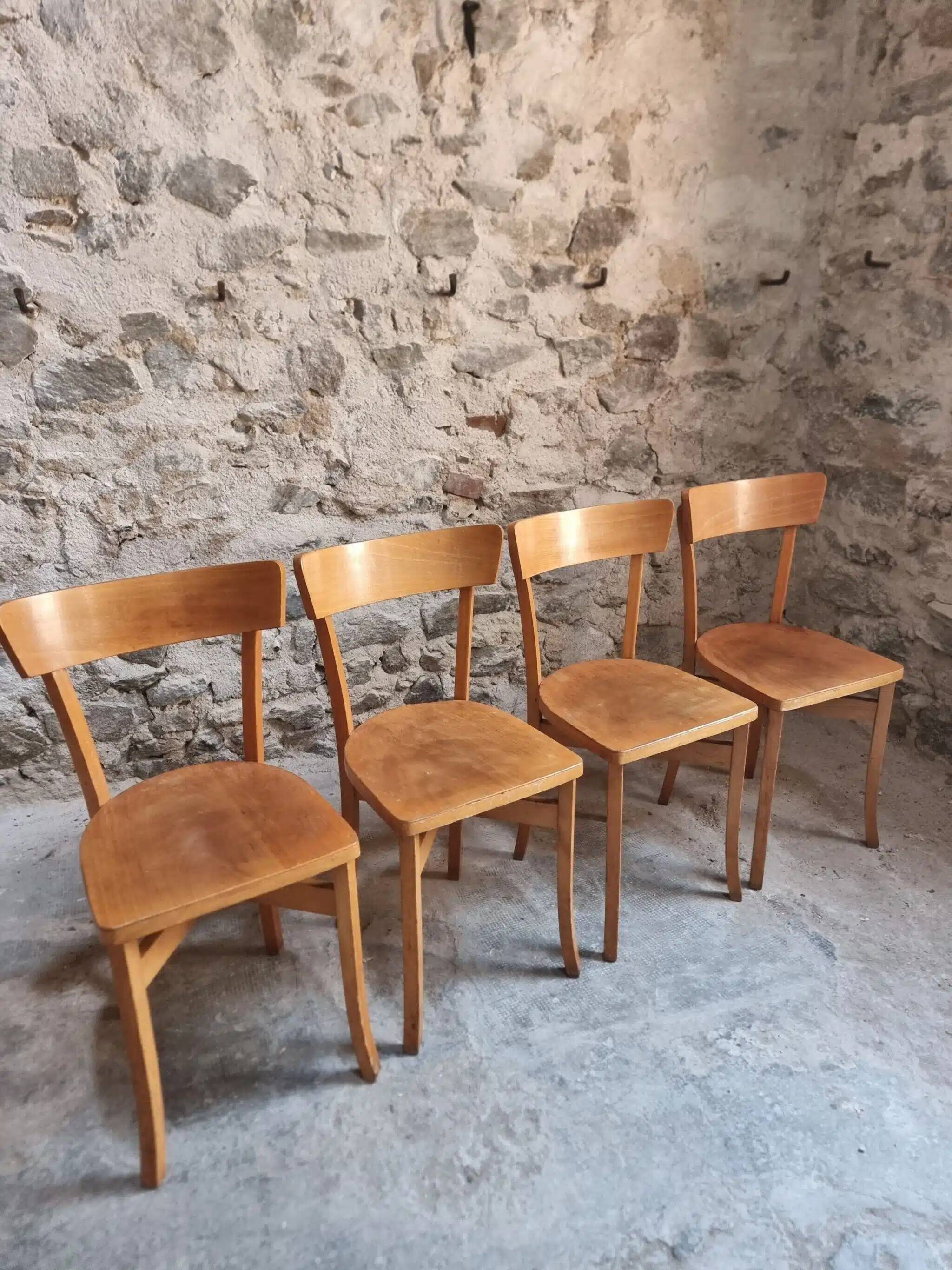 Set of 4 French bistro chairs, beech and plywood, 1960s, mid-century dining chairs.
