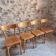 Set of 4 French bistro chairs, beech and plywood, 1960s, mid-century dining chairs.