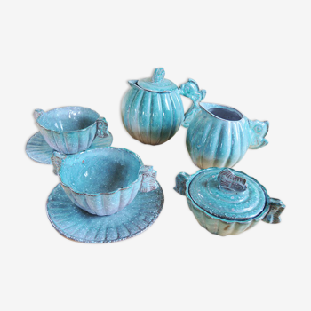 Ancien service à thé en céramique bleu signé Idlas