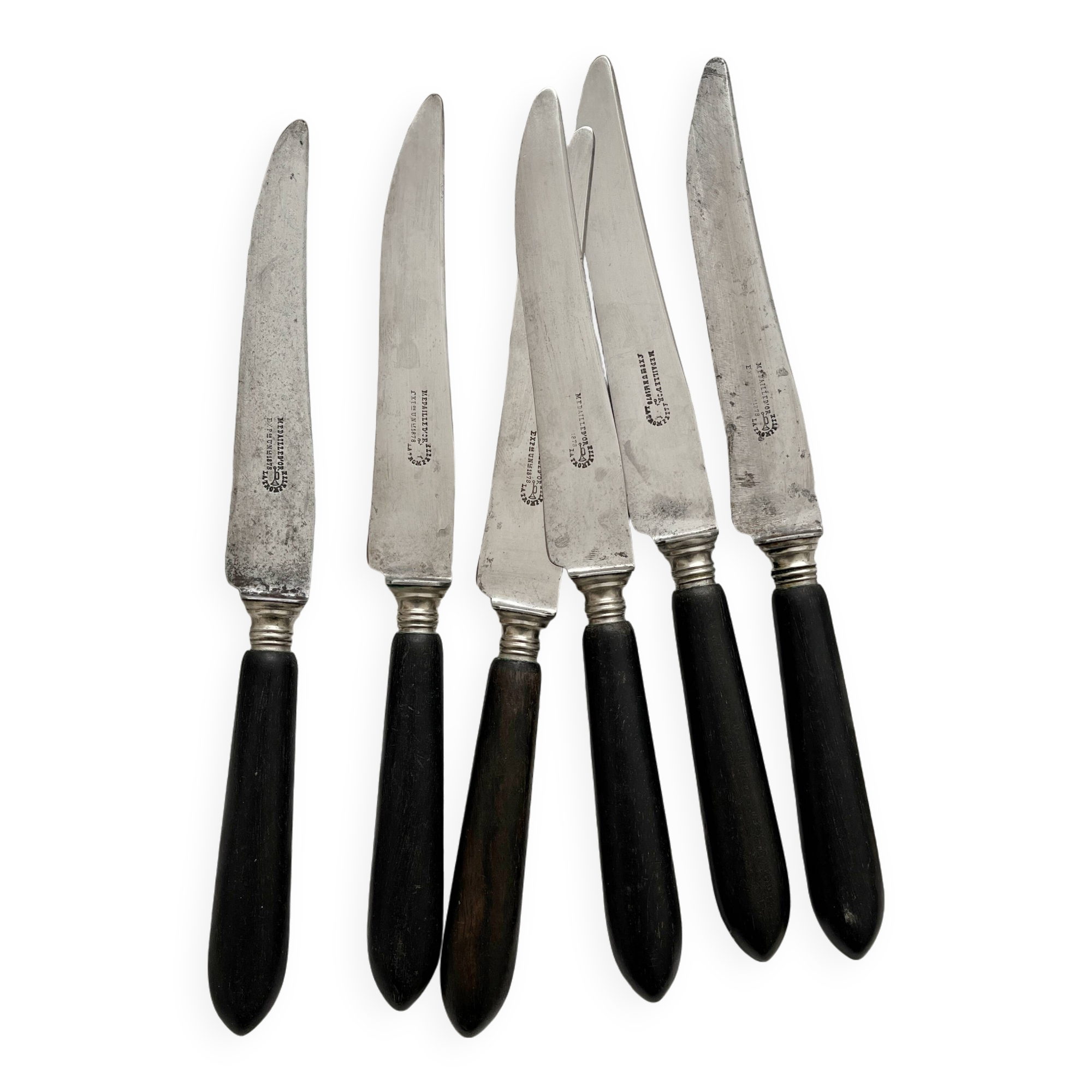 6 antique black wooden table knives La Trompette, late 19th century