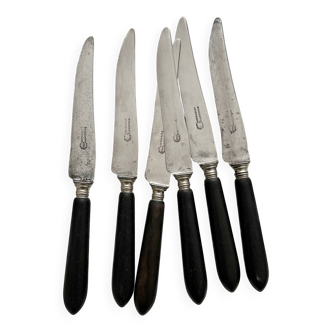 6 antique black wooden table knives La Trompette, late 19th century