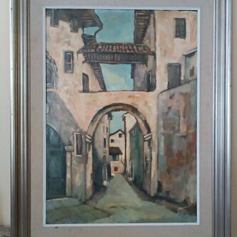 peinture à l'huile sur carton signée années 1960 vue de la Toscane