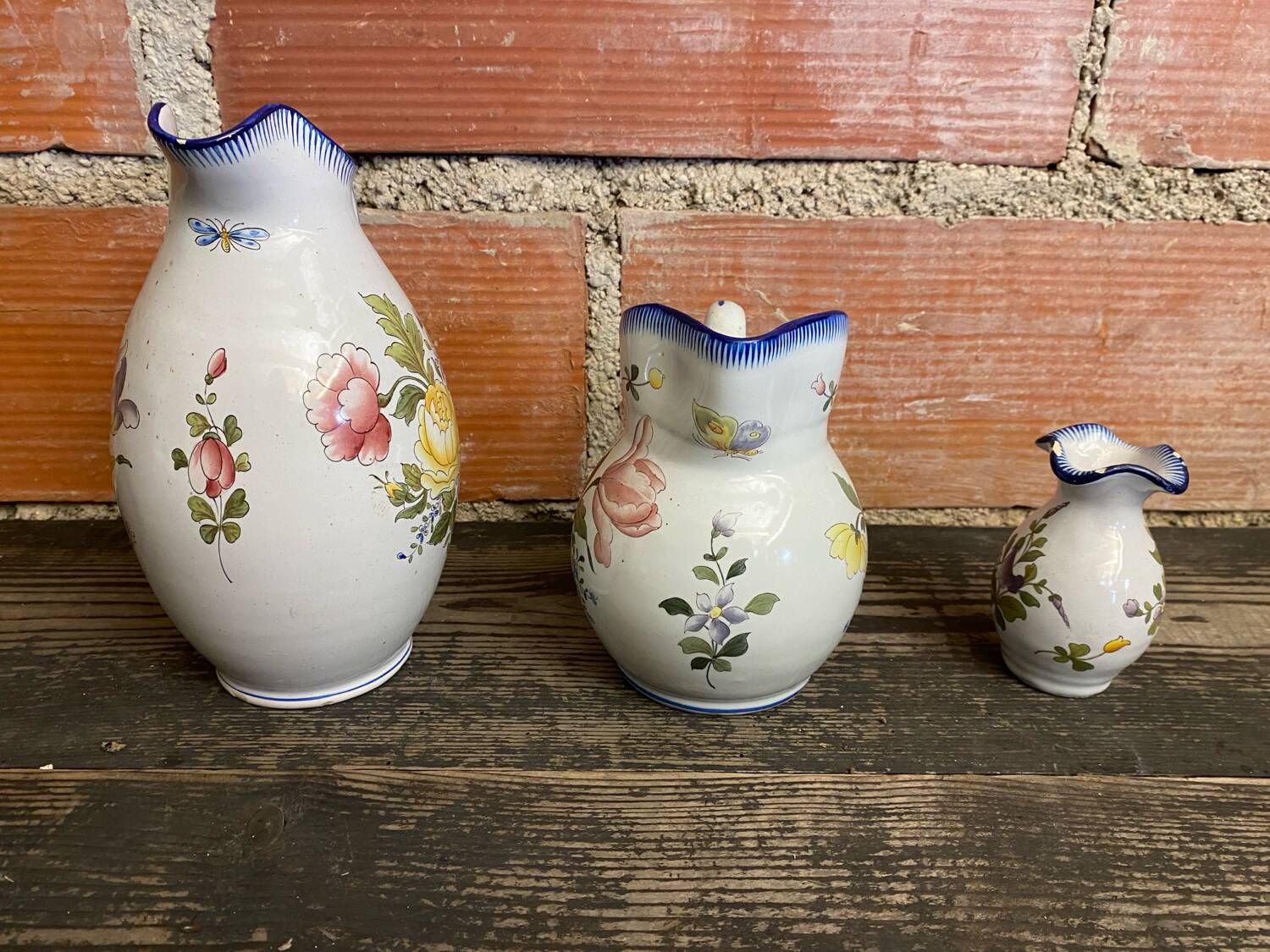 Pair of pitchers + vase charolles vintage painted earthenware