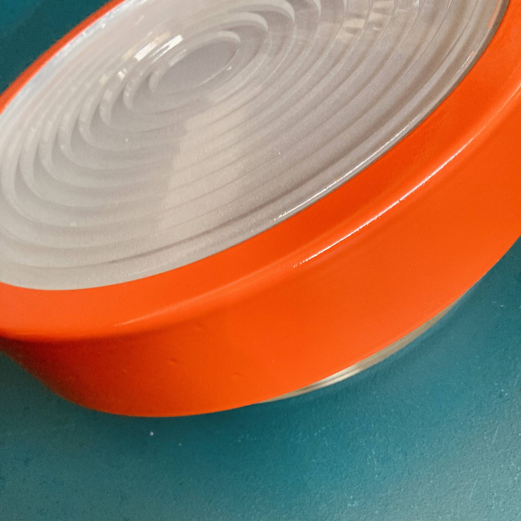 Large round Holophane wall lamp in glass and orange metal, industrial vintage decoration