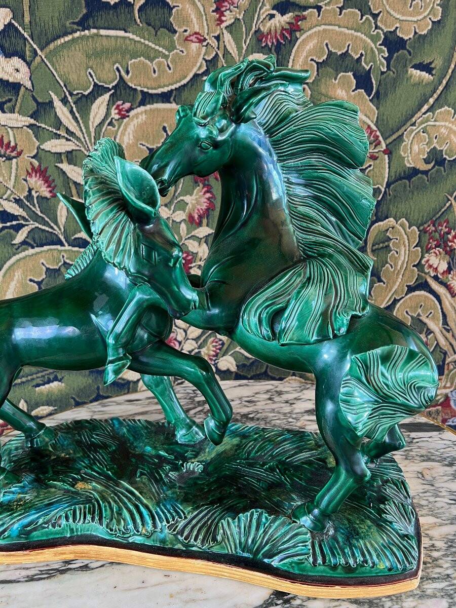Glazed Ceramic Sculpture, Two Horses, Signed R. Prunet, 20th Century
