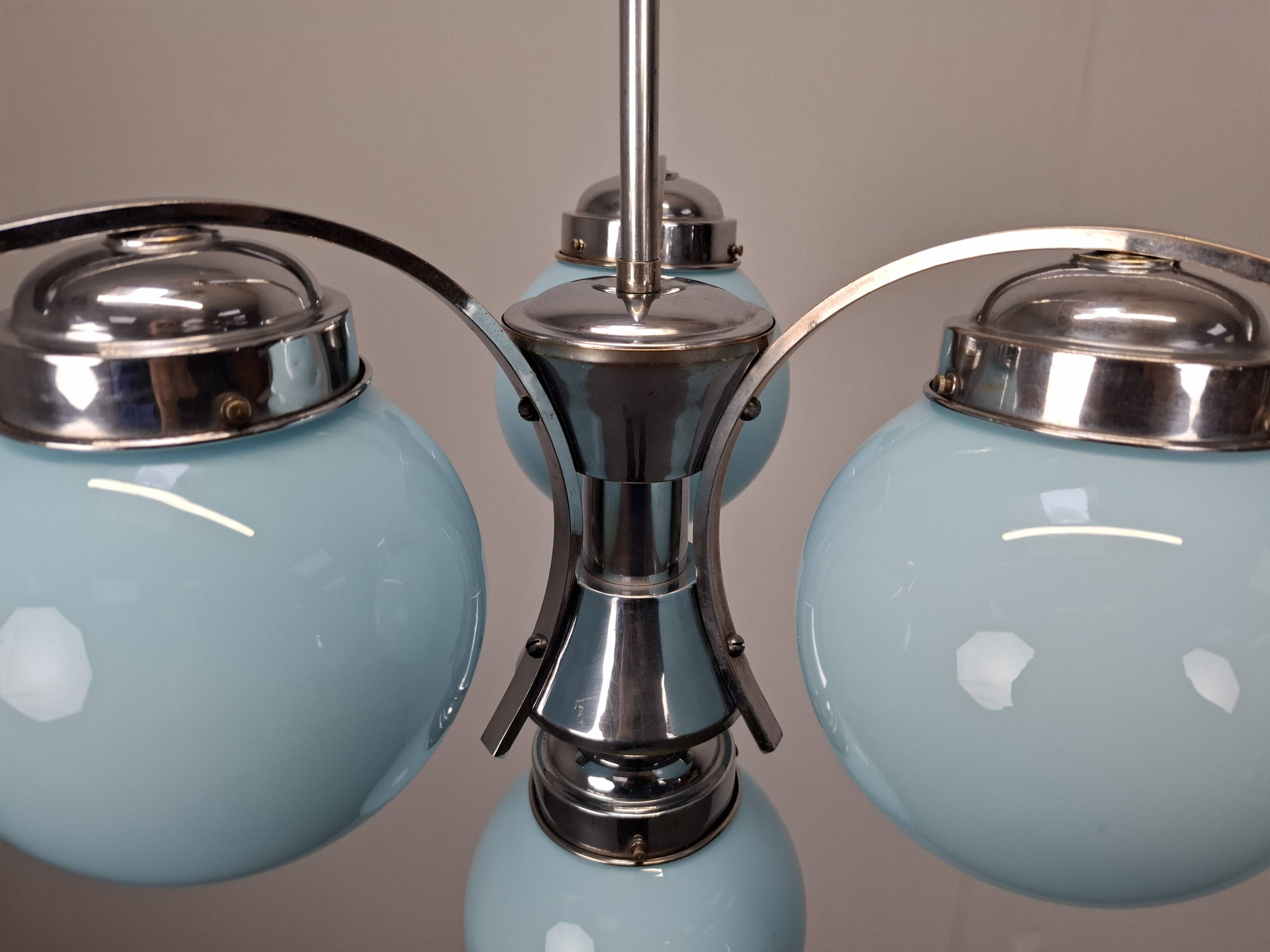 1930s Czech Art Deco Blue Opaline Glass and Chrome Four-Light Chandelier