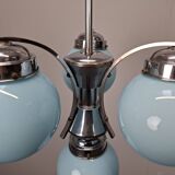 1930s Czech Art Deco Blue Opaline Glass and Chrome Four-Light Chandelier
