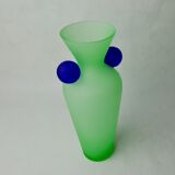 Green and blue satin murano glass vase, Menphis style, Italy, 1980