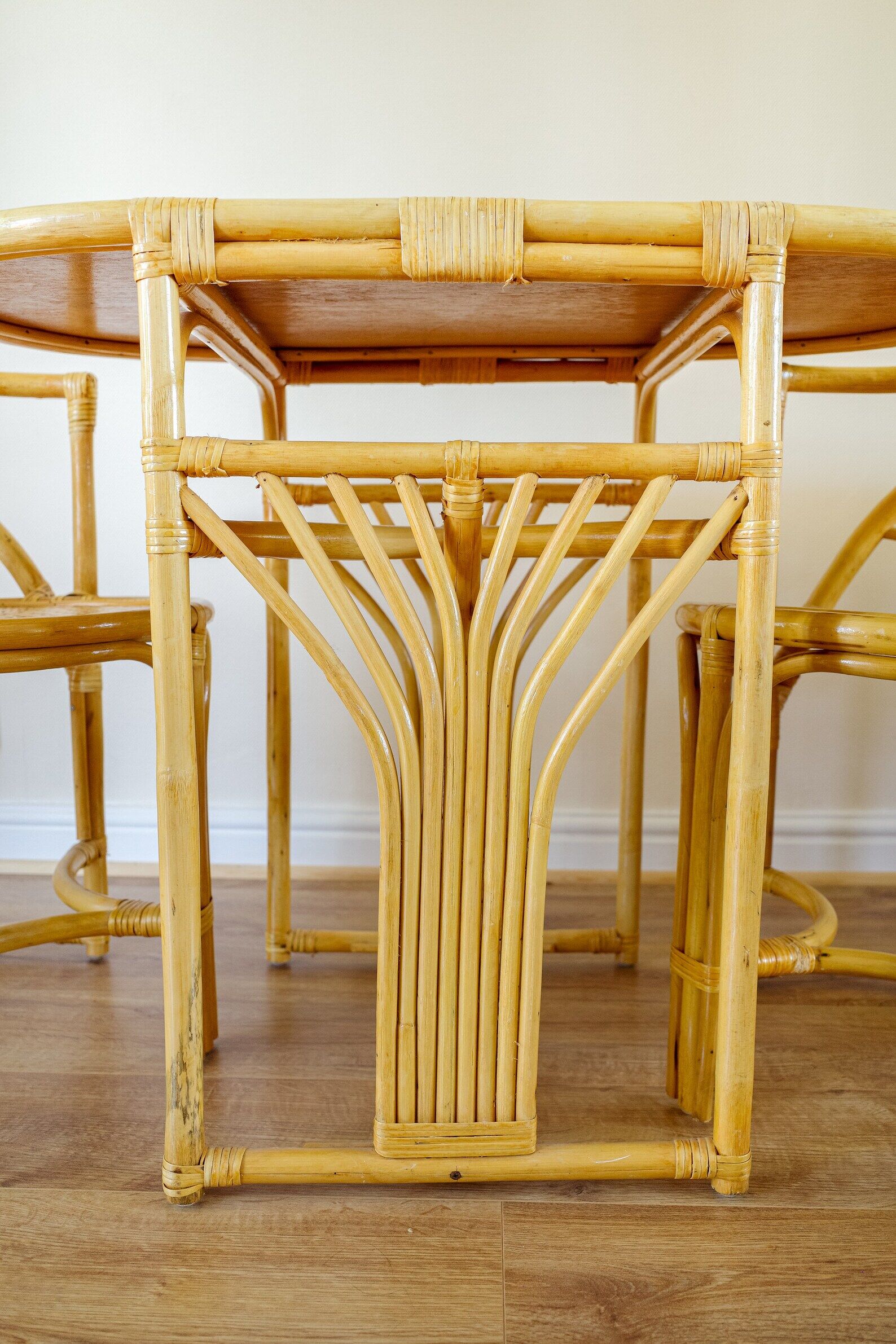 Bamboo Bistro Set / Table and Chairs Dining Set / Outdoor Cane Wicker, Mid Century Patio Furniture