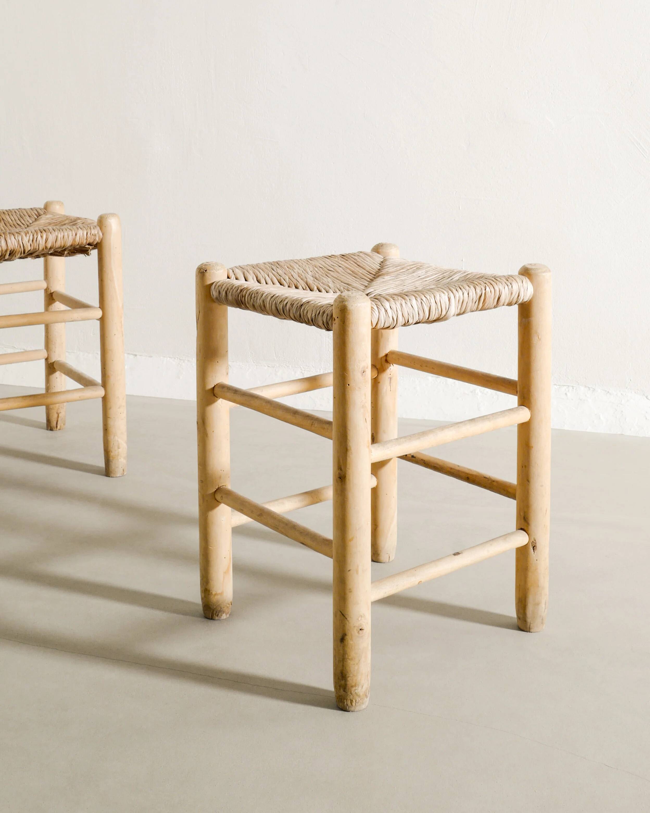 Pair of French Mid Century Wooden Straw Stools, 1960s