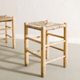 Pair of French Mid Century Wooden Straw Stools, 1960s