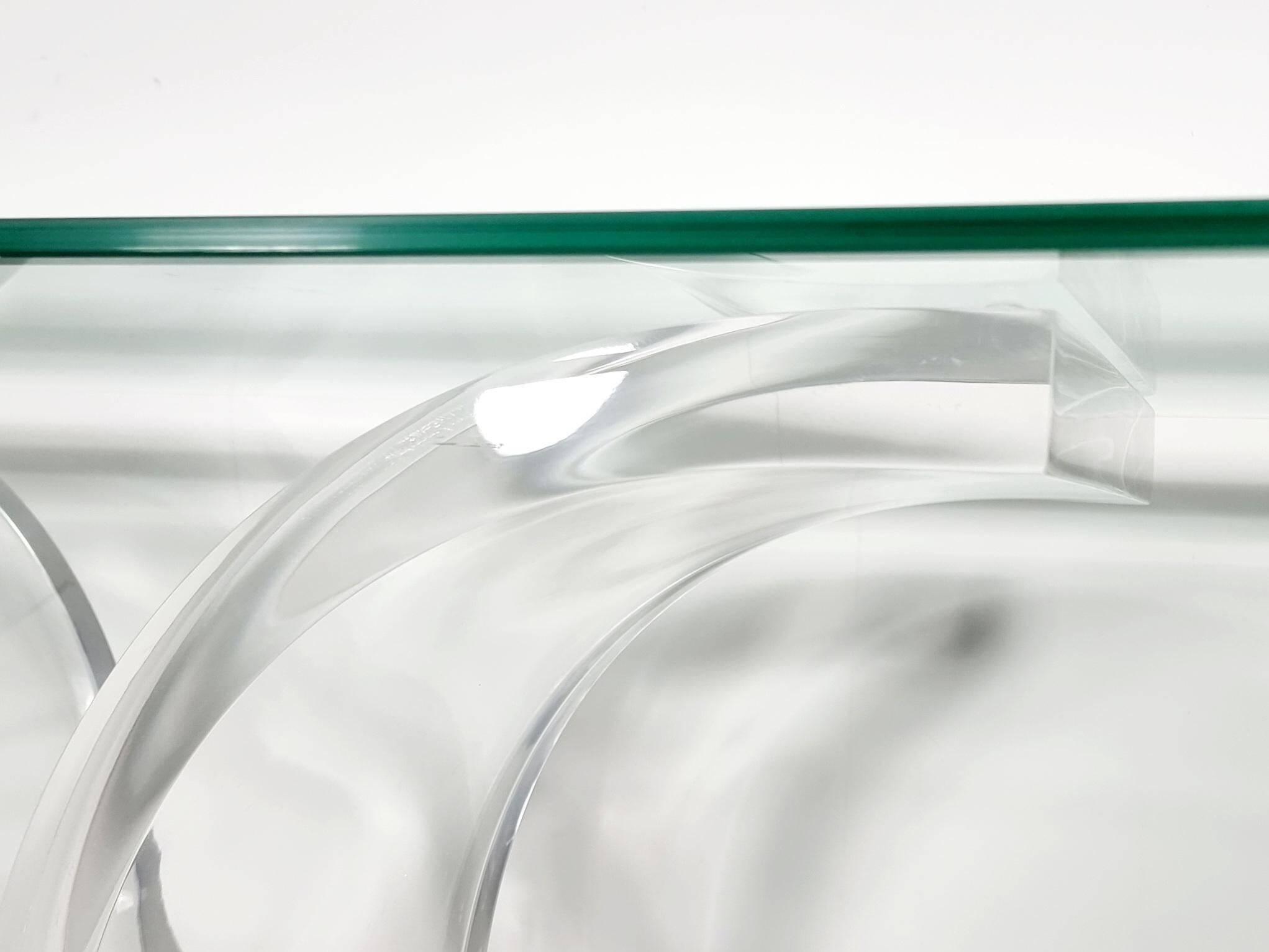 Console table by Charles Hollis Jones in lucite, brass, and glass, 1970.