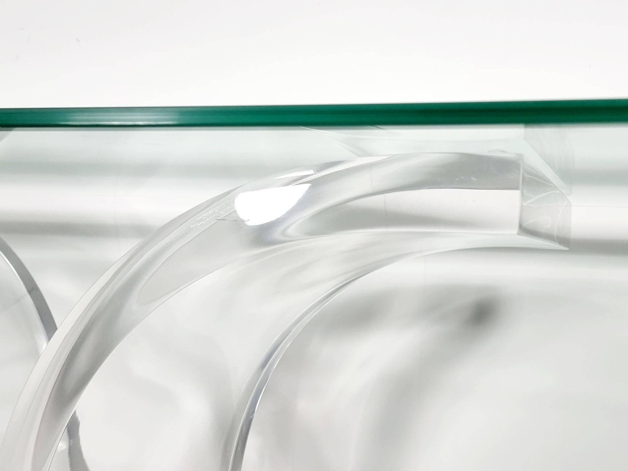 Console table by Charles Hollis Jones in lucite, brass, and glass, 1970.