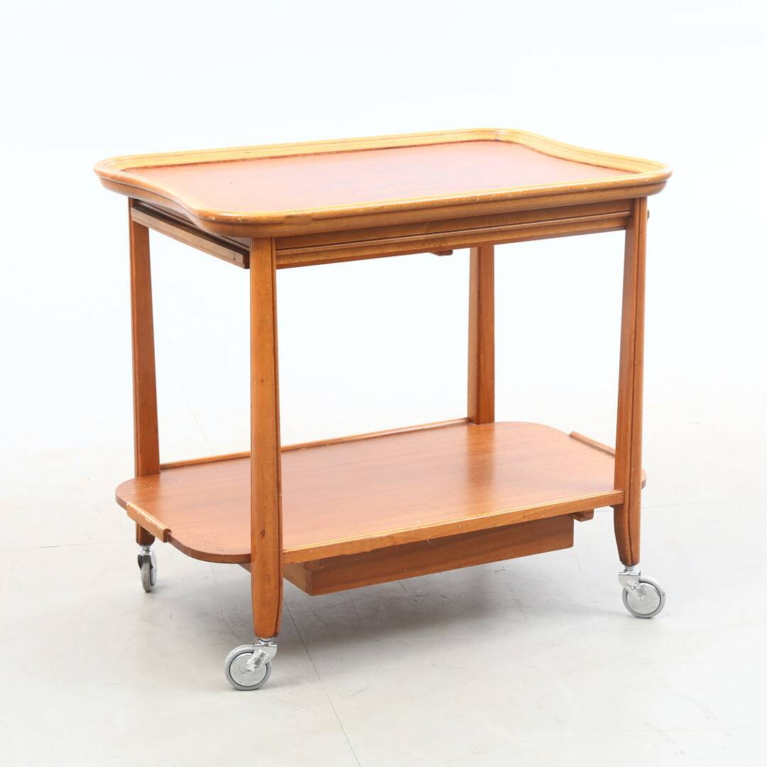 Vintage wooden and glass serving table with wheels, removable top, 1960s Sweden