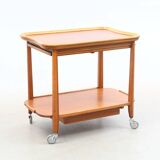 Vintage wooden and glass serving table with wheels, removable top, 1960s Sweden