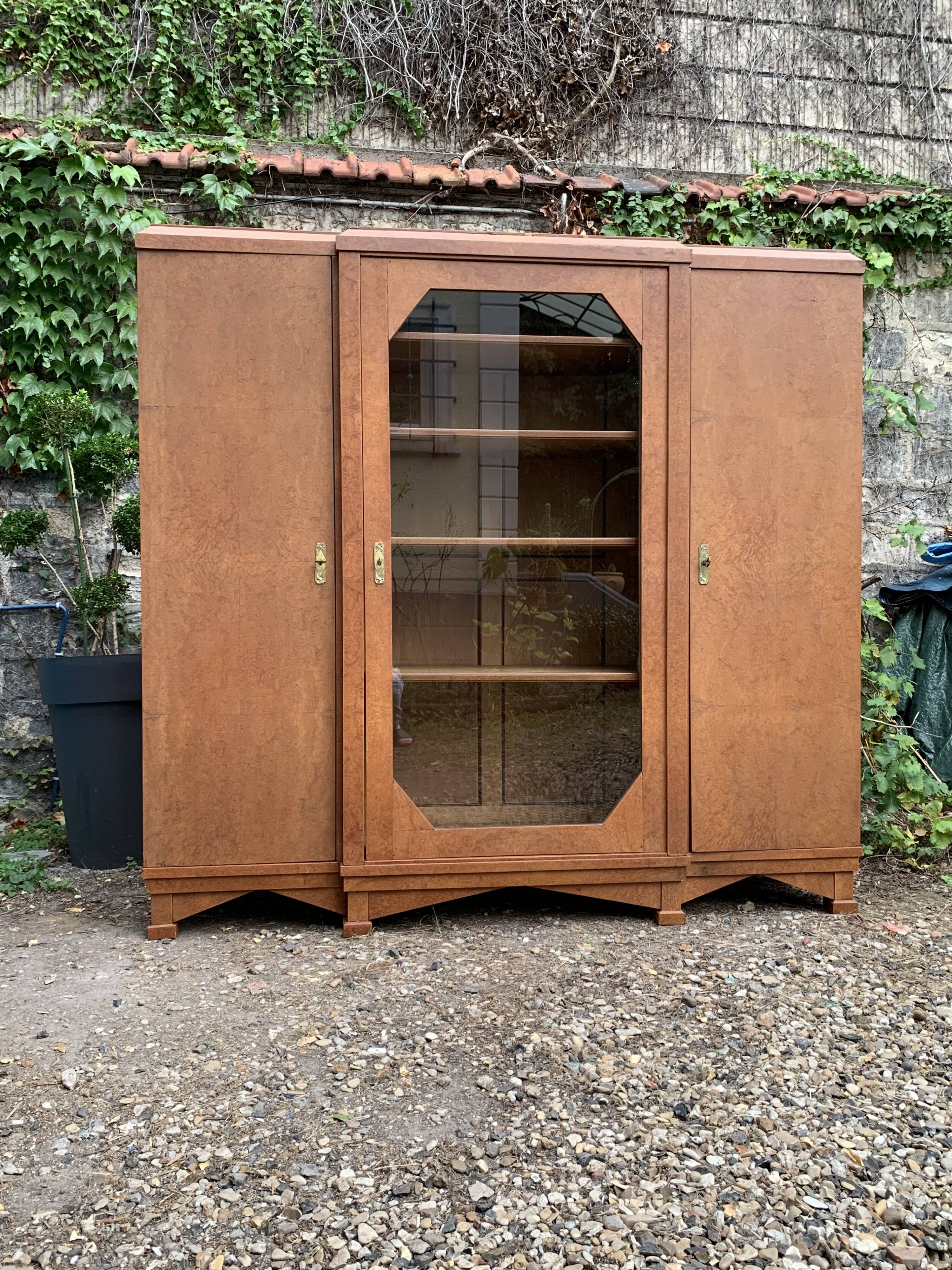 Art deco glass china cabinet in burr walnut 1930