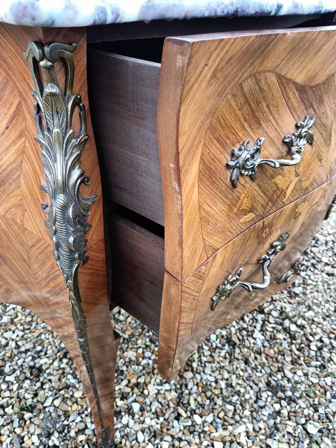 Old marquetry chest of drawers, Louis XV style marble top