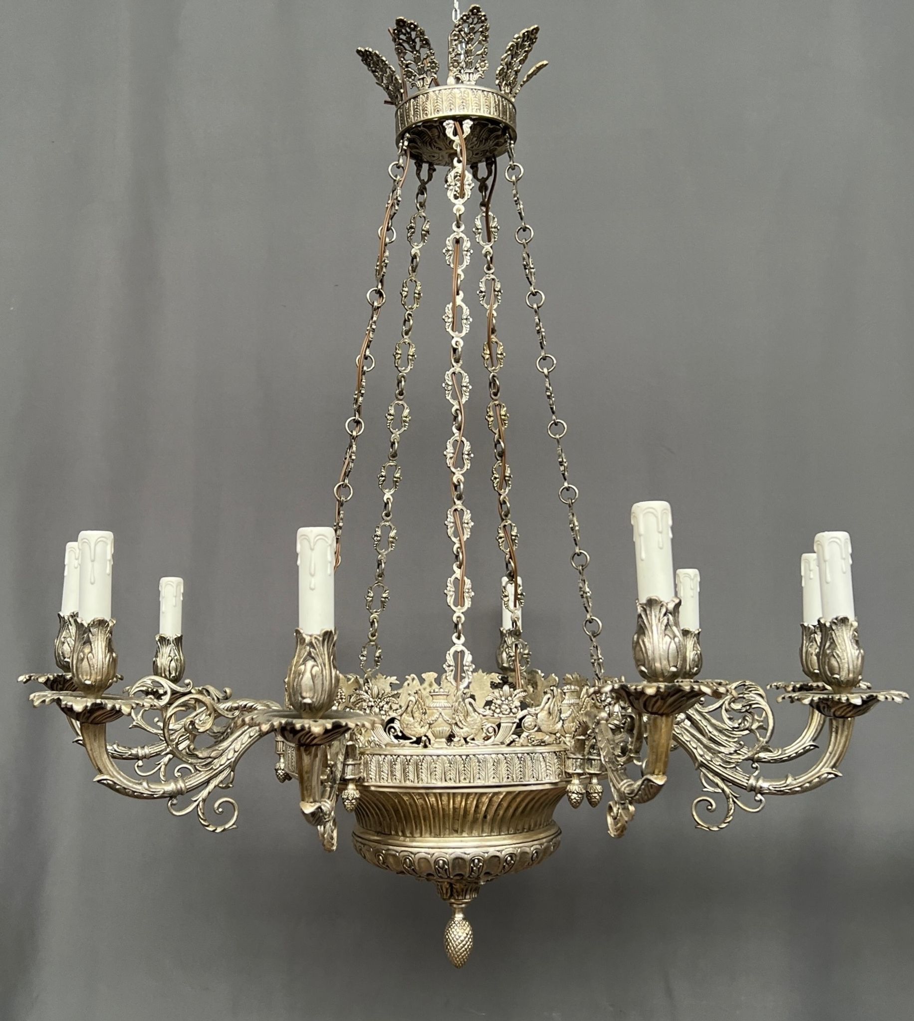 Large, rare antique chandelier in solid silver-plated bronze, Empire style, 12 light points.