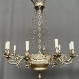 Large, rare antique chandelier in solid silver-plated bronze, Empire style, 12 light points.