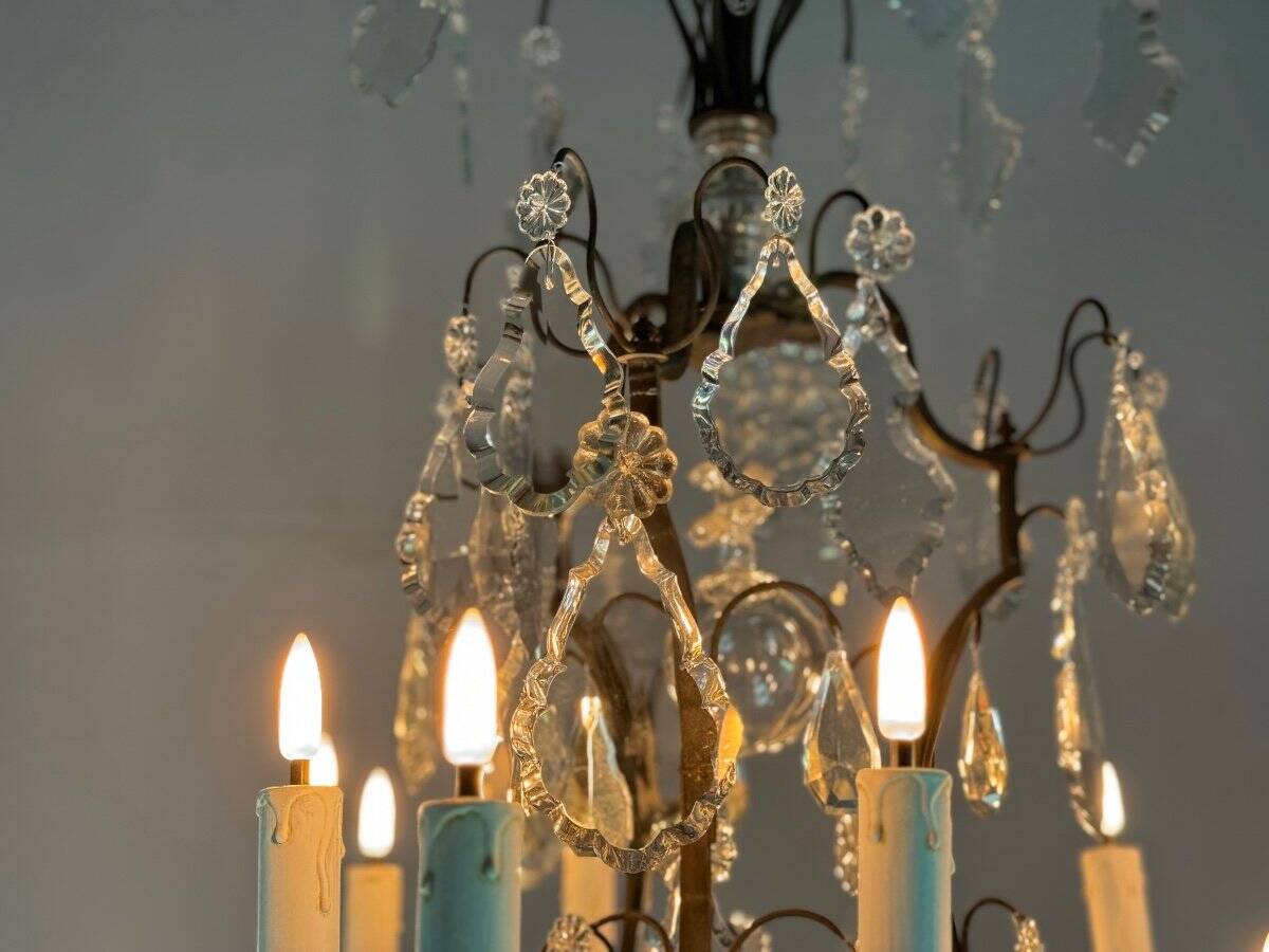 Black patinated bronze cage chandelier decorated with cut crystal pendants circa 1900