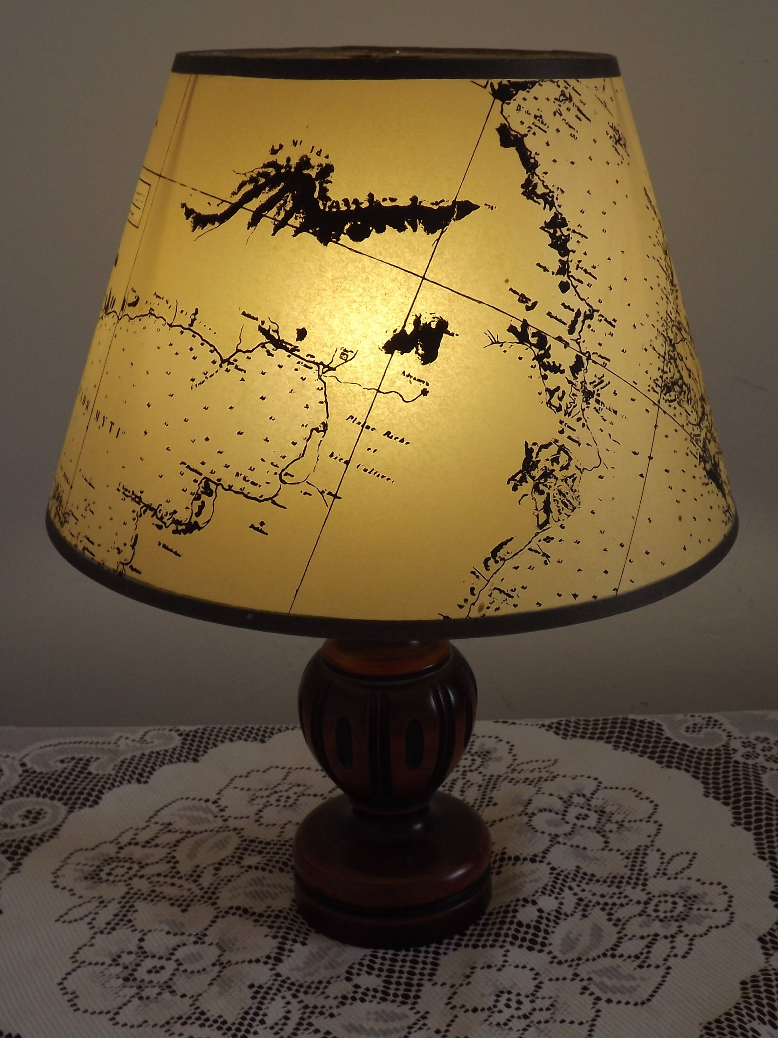 French Mid Century Round Turned Wood Grooved Table Lamp Map Detail Shade