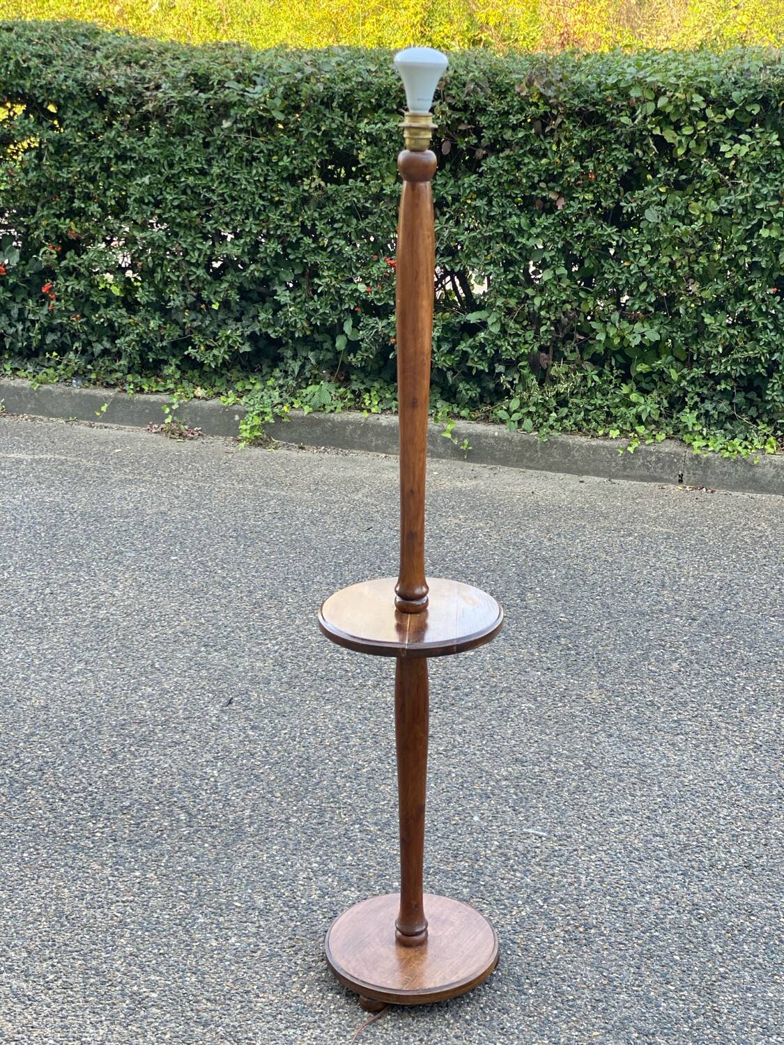 Vintage round wooden floor lamp with beige lampshade