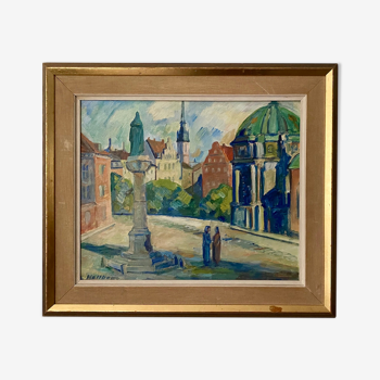 'Monument' - Vintage mid century swedish oil painting