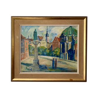 'Monument' - Vintage mid century swedish oil painting