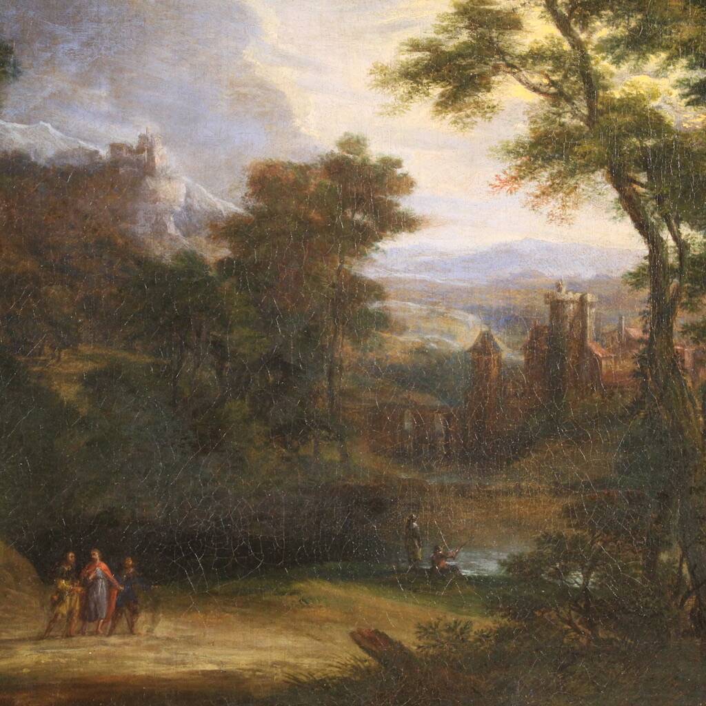 Flemish painting landscape with figures from the 17th century, the apparition of Jesus