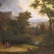 Flemish painting landscape with figures from the 17th century, the apparition of Jesus