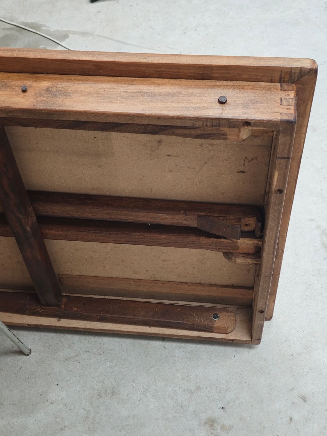 Vintage workshop folding table in oak with a hand-patinated black top.