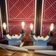 Pair of ceramic and brass office chandeliers