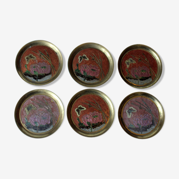 6 handmade cloisonne brass and enameled coasters, vintage from the 1960s