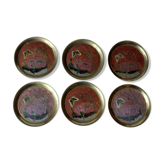 6 handmade cloisonne brass and enameled coasters, vintage from the 1960s