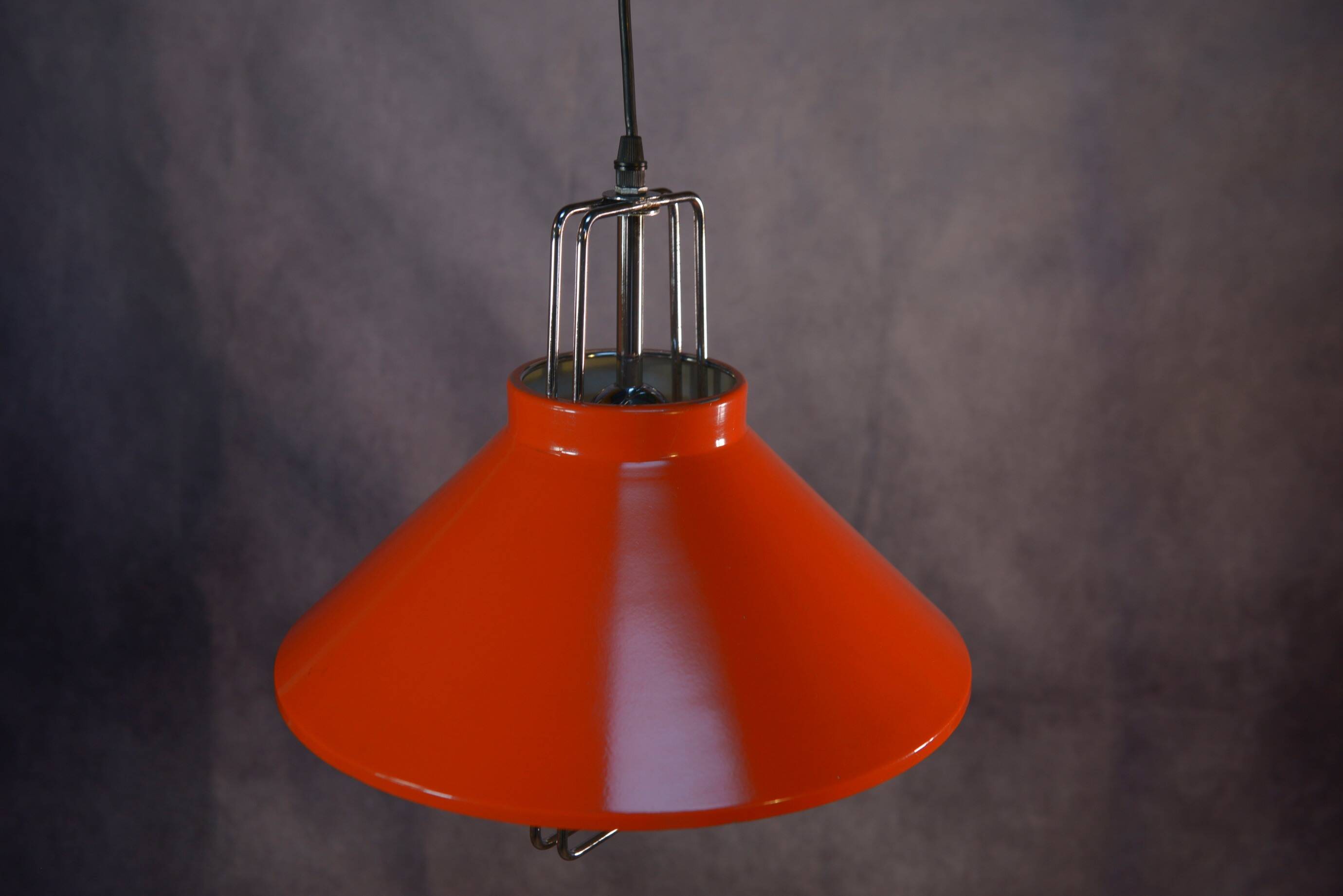 1970s orange lacquered metal designer pendant light