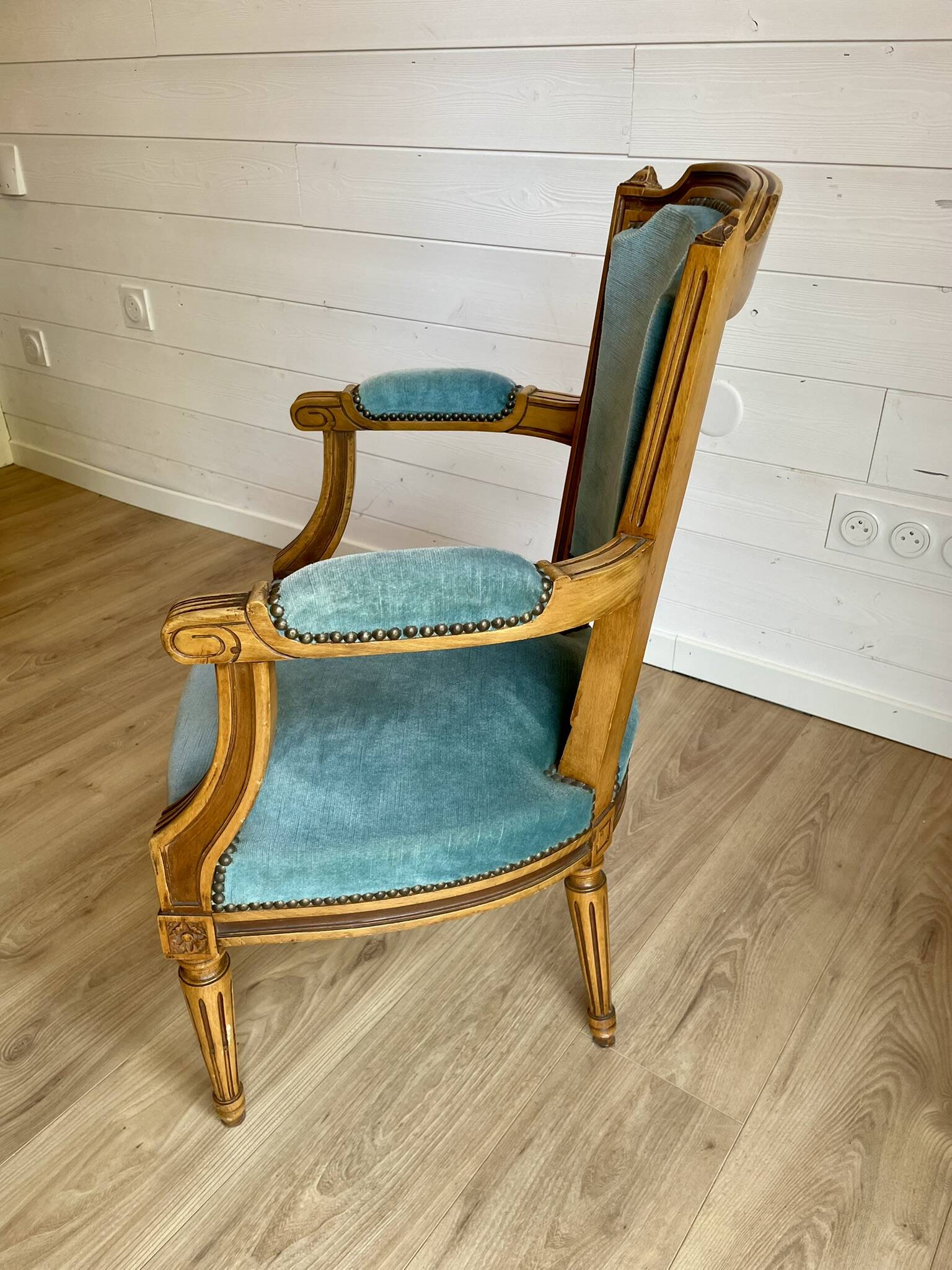 Pair of Louis XVI vintage cabriolet armchairs in duck blue velvet and wood.